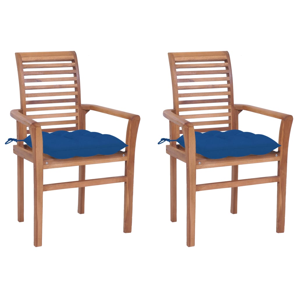 vidaXL Cadeiras de jantar c/ almofadões azuis 2 pcs teca maciça