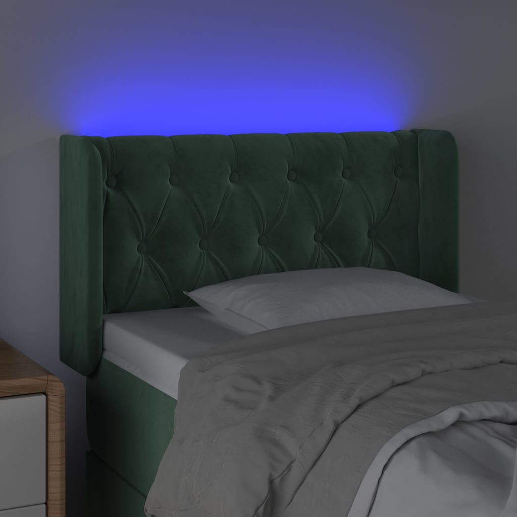 vidaXL Cabeceira cama c/ luzes LED veludo 83x16x78/88 cm verde-escuro