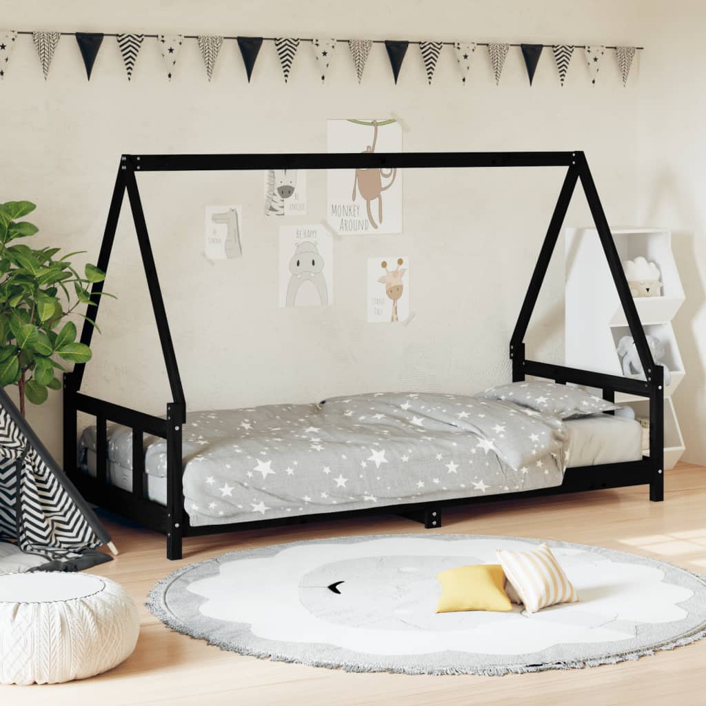 vidaXL Estrutura de cama infantil 90x190 cm pinho maciço preto