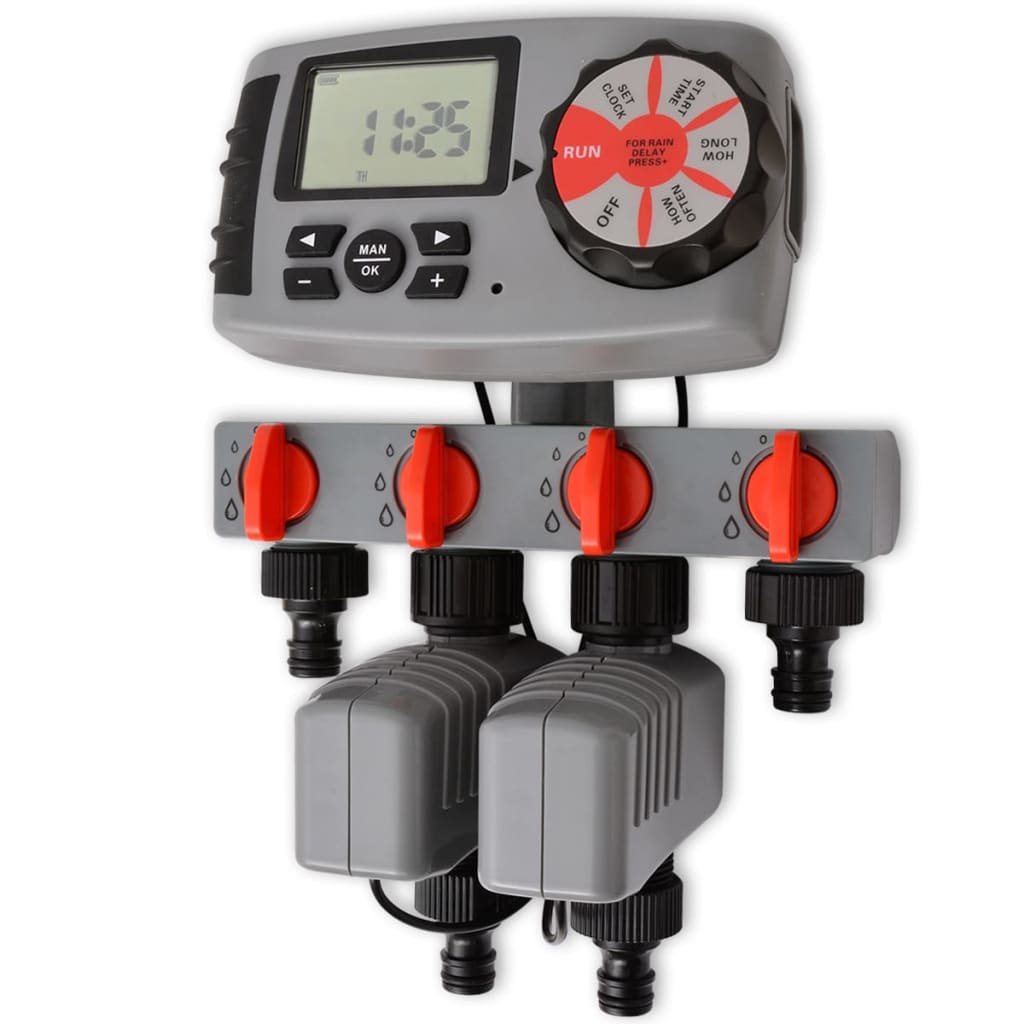vidaXL Temporizador água autom. c/ 4 estações e sensor de chuva 3V