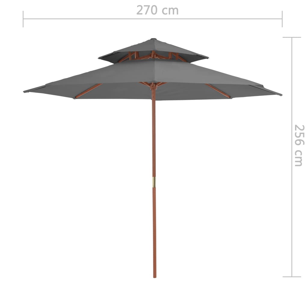 vidaXL Guarda-sol c/ 2 coberturas e mastro em madeira 270 cm antracite