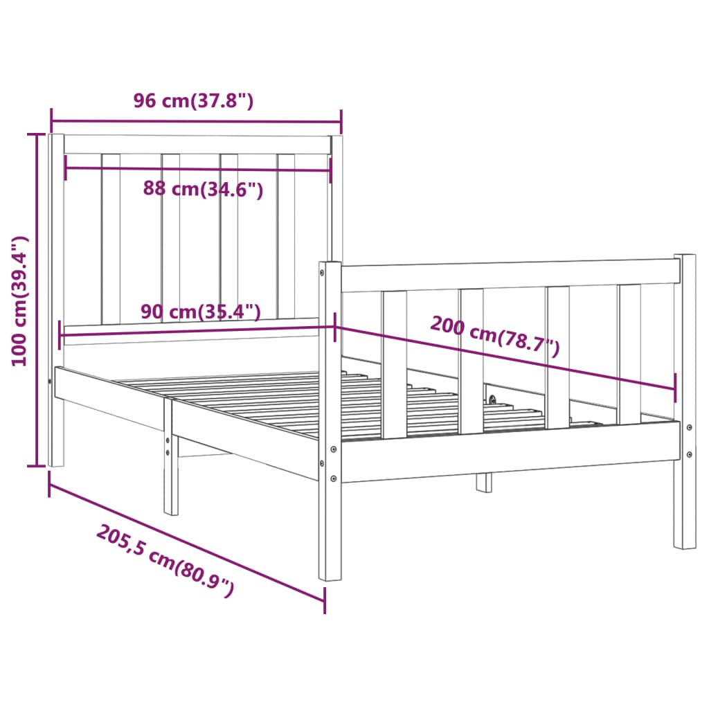 vidaXL Estrutura cama de solteiro 90x200 cm madeira maciça preto