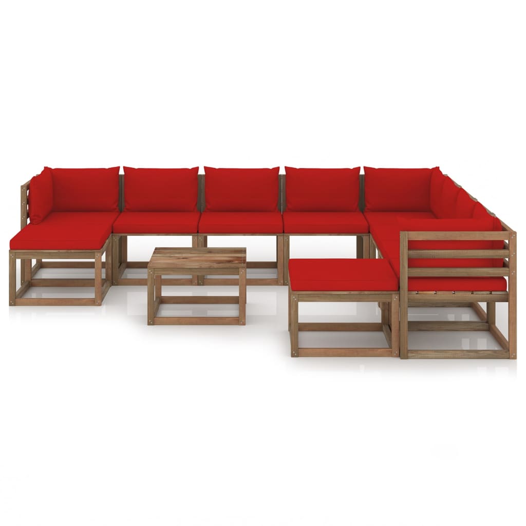 vidaXL 11 pcs conjunto lounge para jardim com almofadões vermelhos
