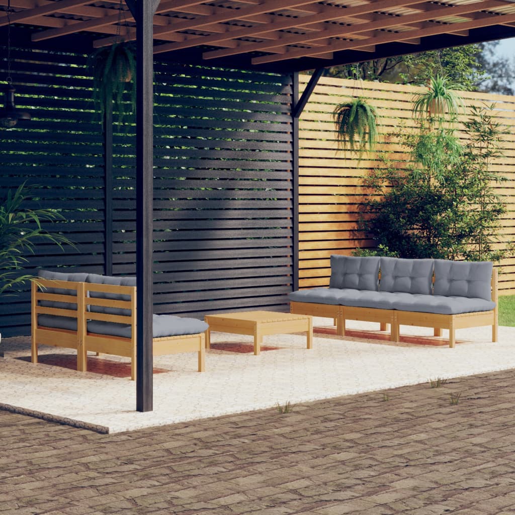 vidaXL 6 pcs conjunto lounge de jardim c/ almofadões cinzentos pinho