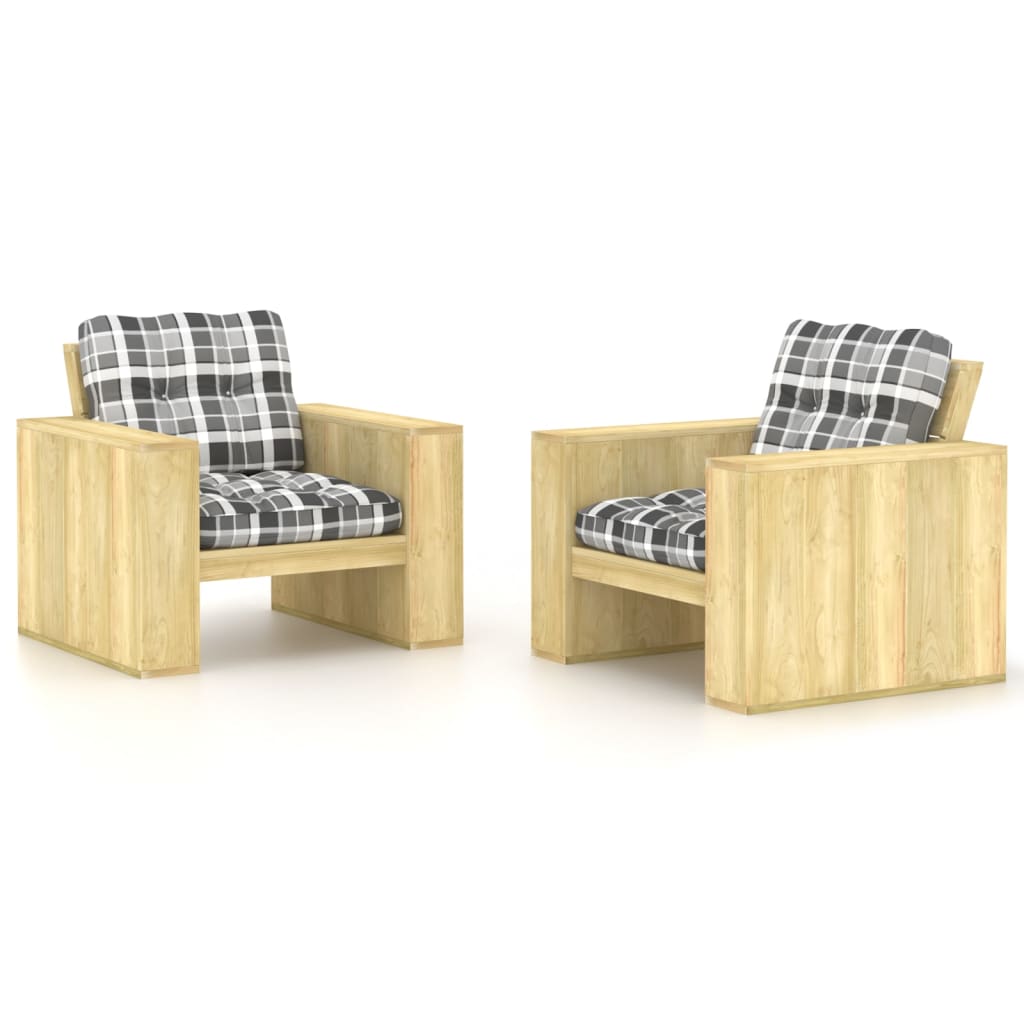 vidaXL Cadeiras de jardim 2 pcs c/ almofadões xadrez cinzento pinho