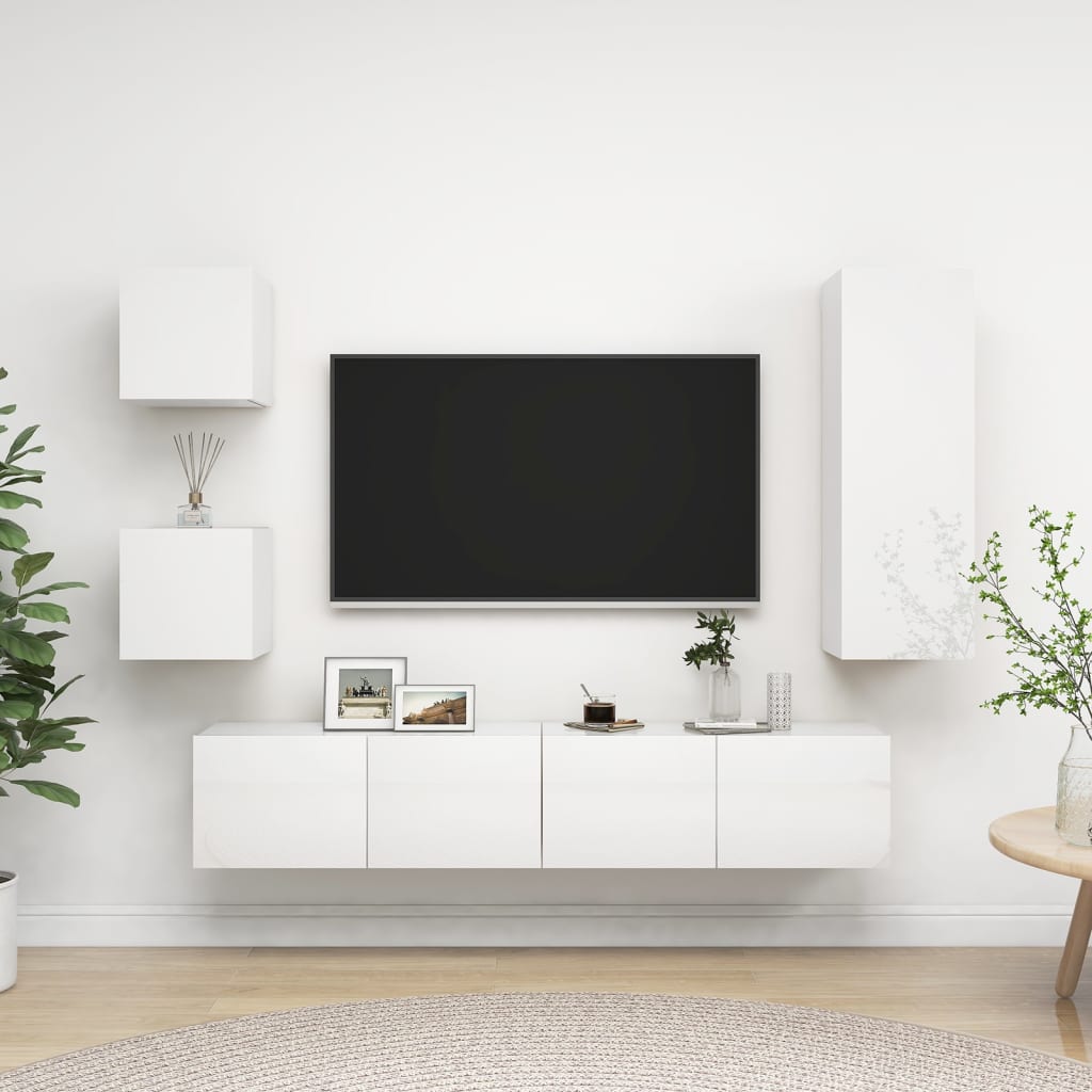 vidaXL 5 pcs conjunto de móveis de TV contraplacado branco brilhante