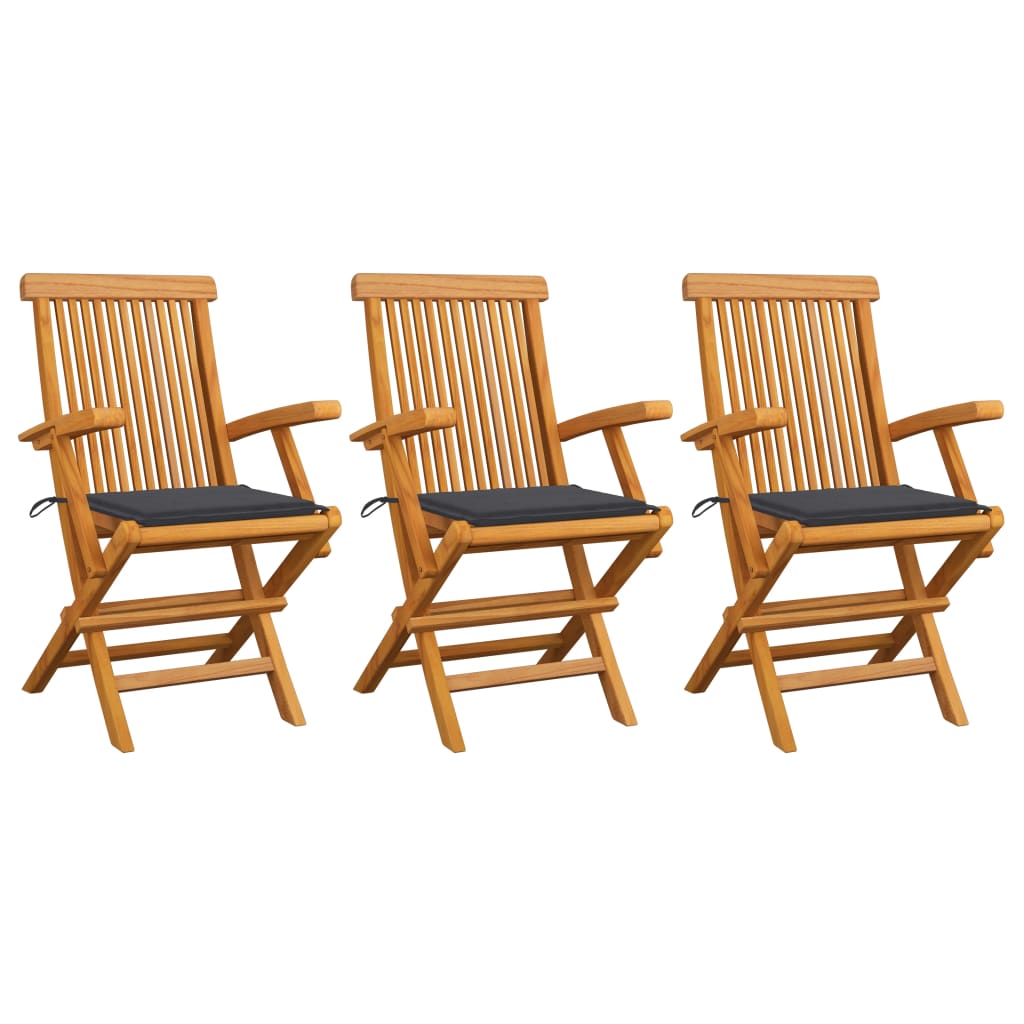 vidaXL Cadeiras de jardim c/ almofadões antracite 3 pcs teca maciça