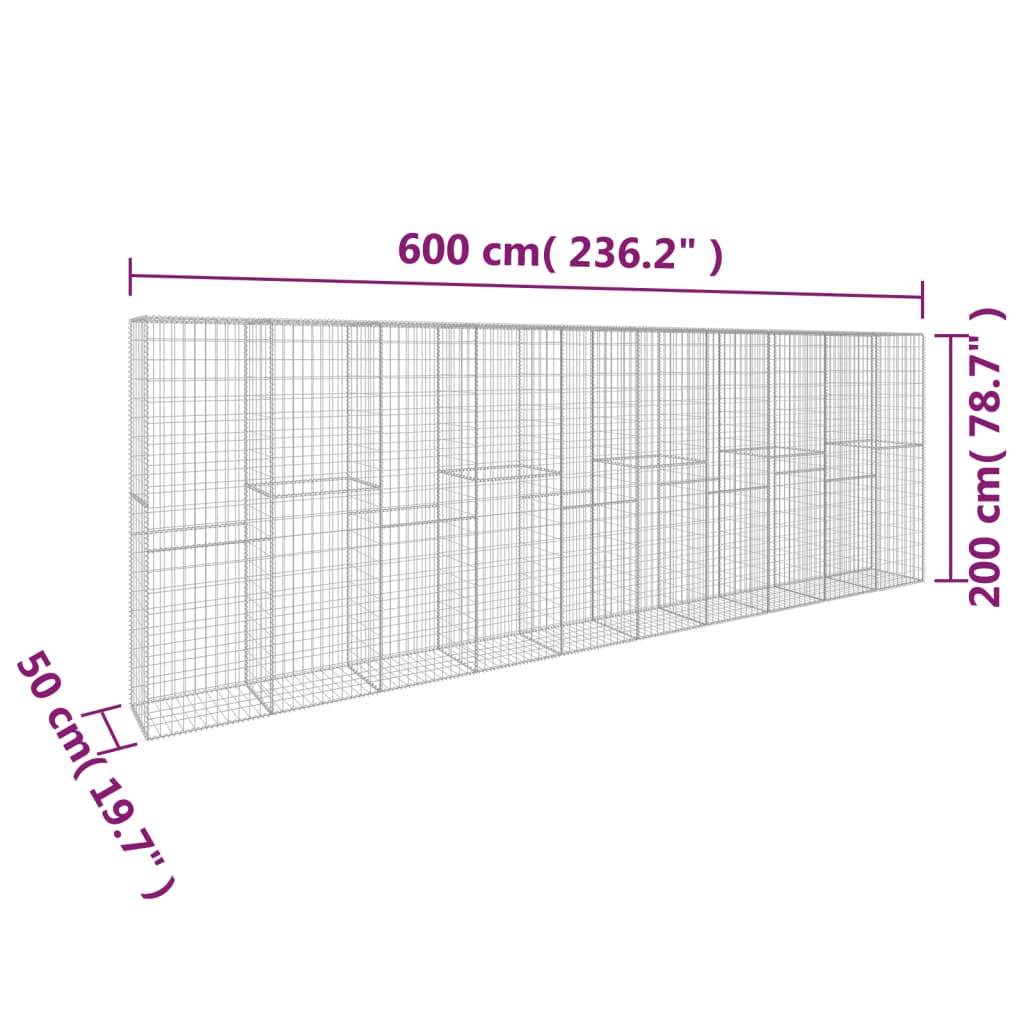 vidaXL Muro gabião com tampa 600x50x200 cm aço galvanizado