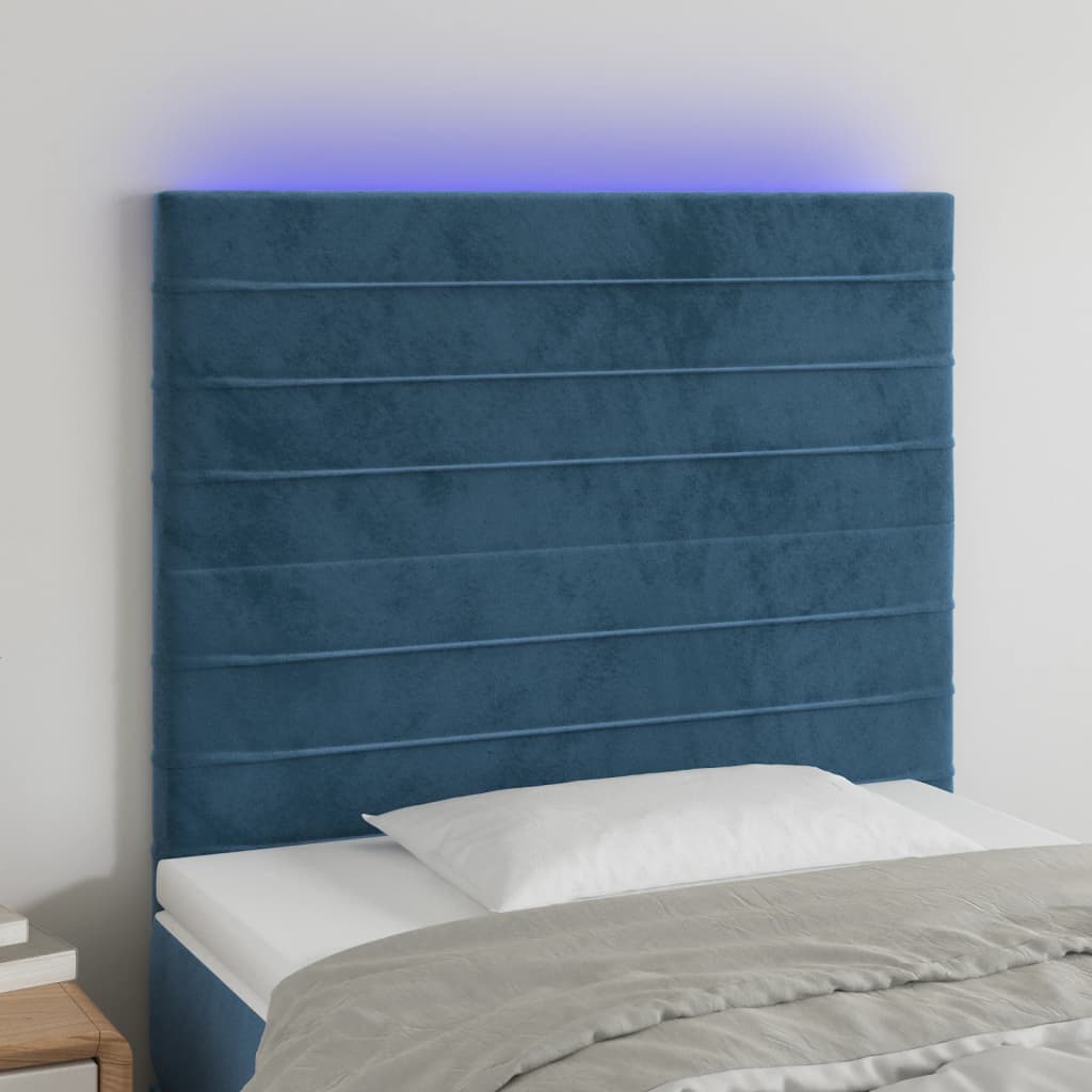 vidaXL Cabeceira cama c/ luzes LED veludo 100x5x118/128cm azul-escuro
