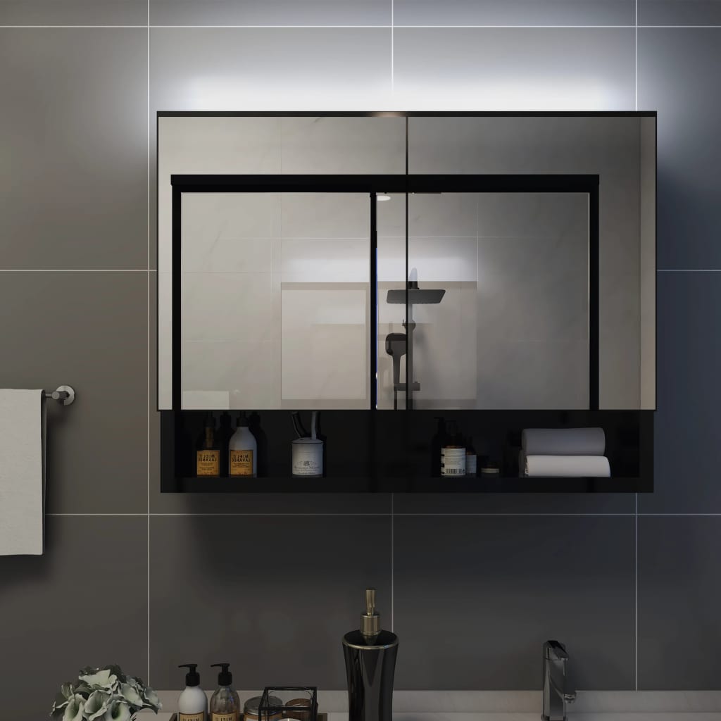 vidaXL Armário espelhado casa de banho com LED 80x15x60 cm MDF preto