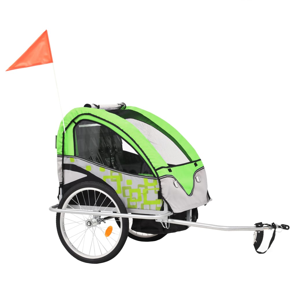 vidaXL Reboque para bicicletas/carrinho de bebé 2 em 1 verde e cinza