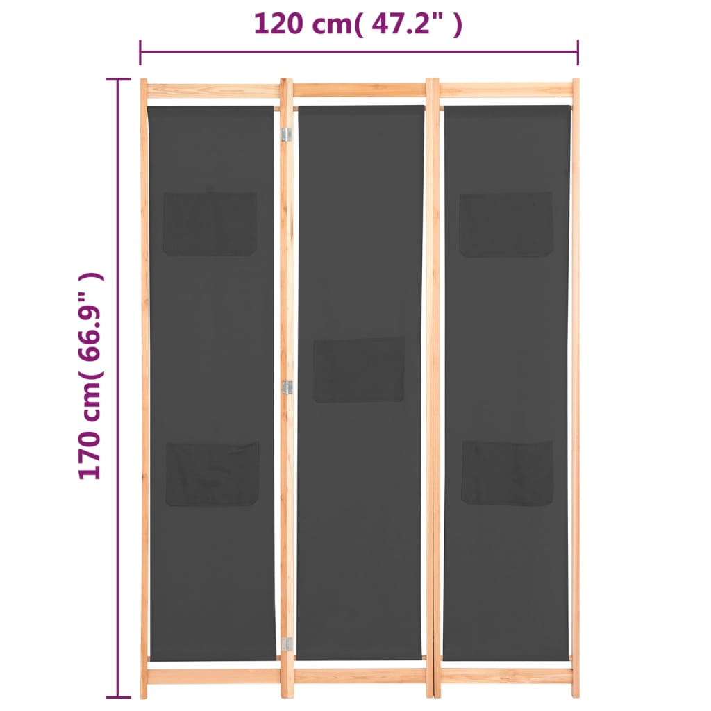 vidaXL Divisória de quarto com 3 painéis 120x170x4 cm tecido cinzento