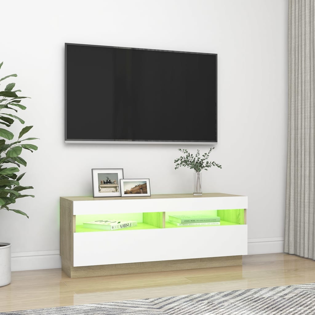 vidaXL Móvel de TV com luzes LED 100x35x40 cm branco/carvalho sonoma