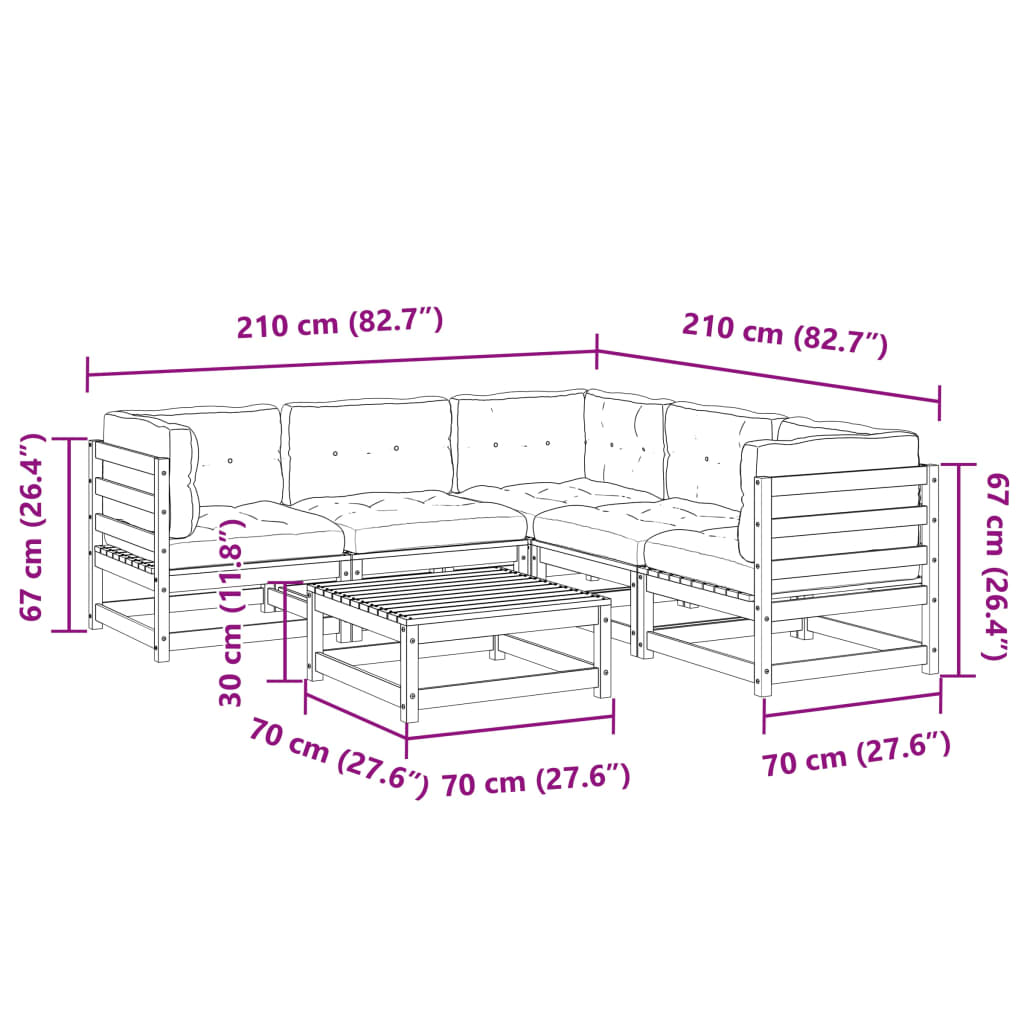 vidaXL 6 pcs conjunto de sofás de jardim c/ almofadões pinho maciço