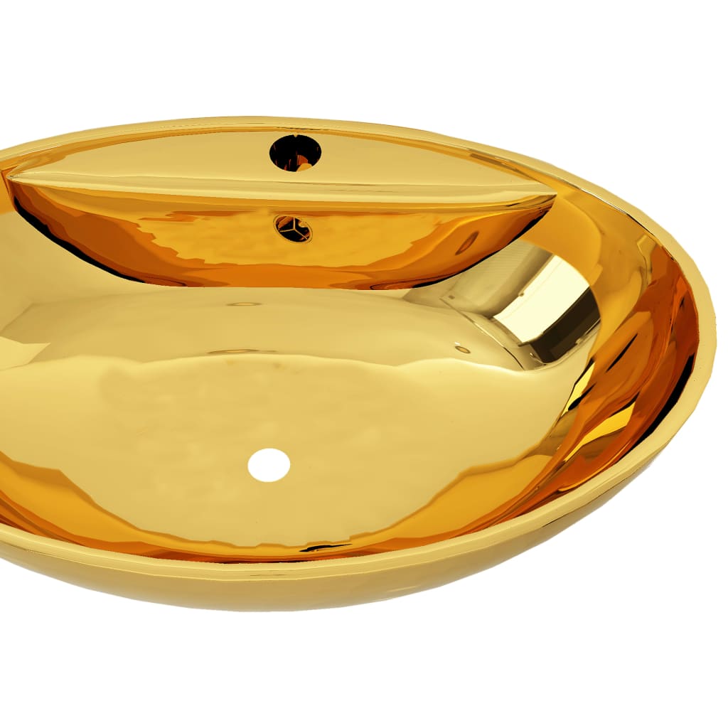 vidaXL Lavatório com extravasamento 58,5x39x21 cm cerâmica dourado