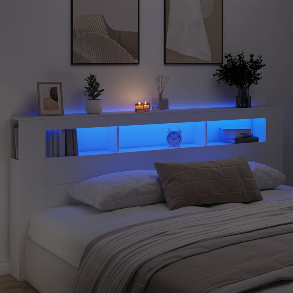 vidaXL Cabeceira cama c/ LEDs 220x18,5x103,5 cm deriv. madeira branco