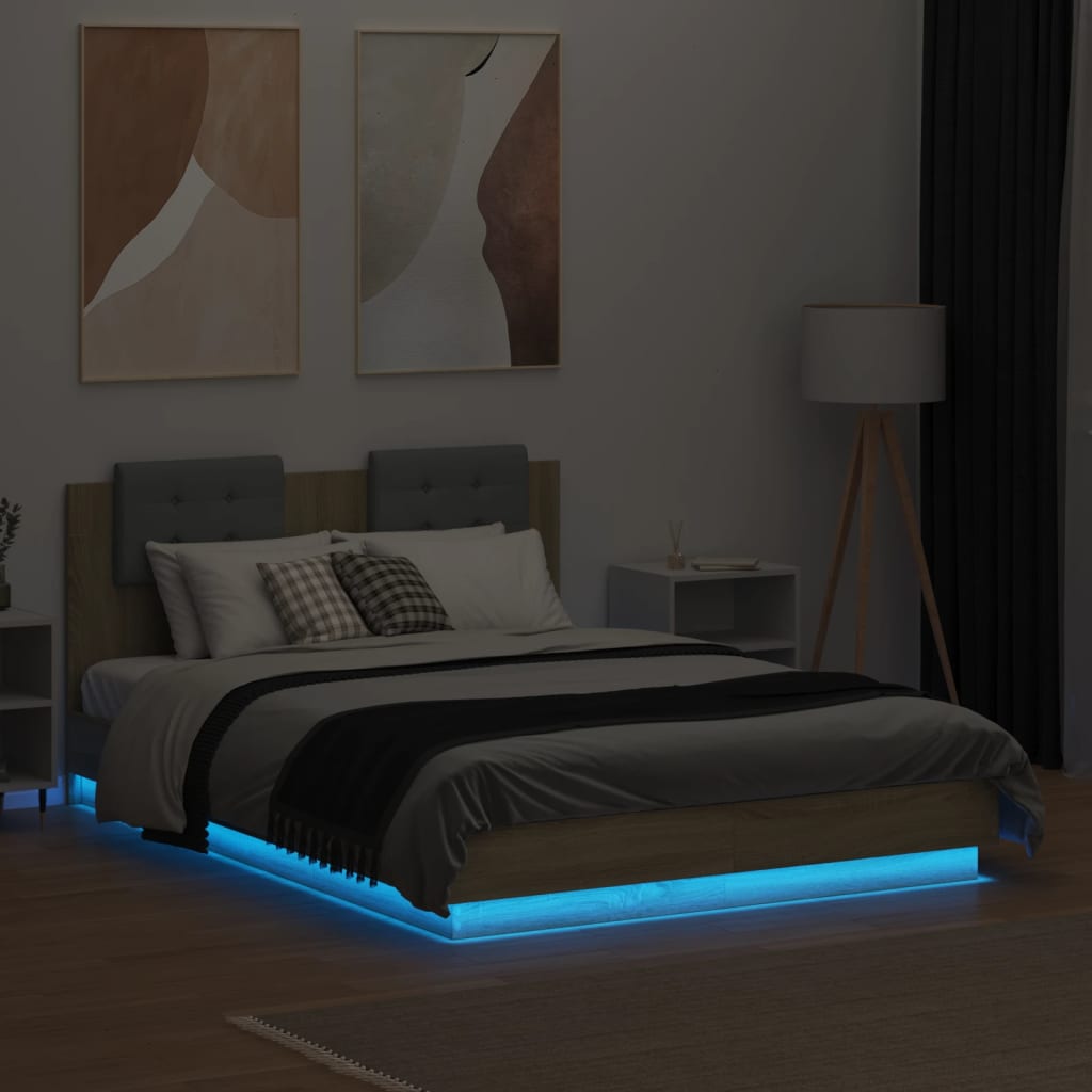 vidaXL Estrutura cama c/ cabeceira/luzes LED 140x190cm carvalho sonoma
