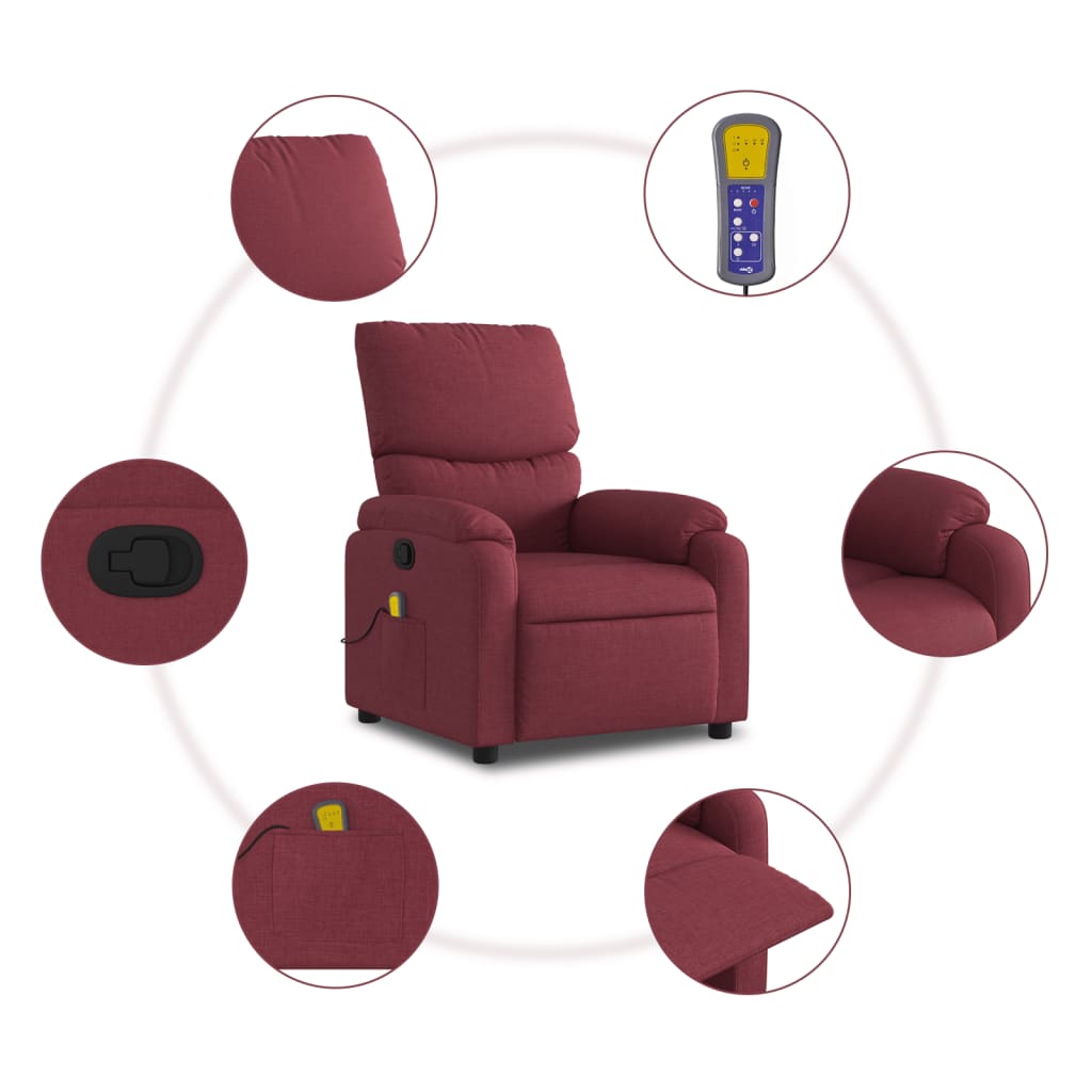 vidaXL Poltrona de massagens reclinável tecido vermelho tinto