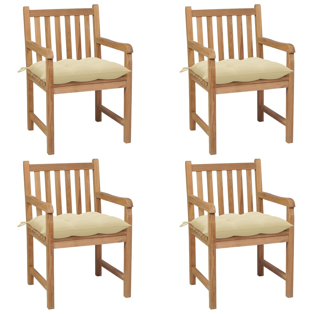 vidaXL Cadeiras de jardim c/ almofadões branco nata 4 pcs teca maciça