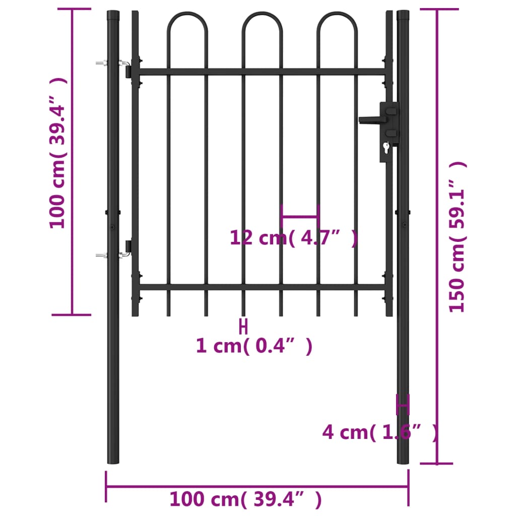 vidaXL Portão de vedação individual com topo arqueado aço 1x1m preto