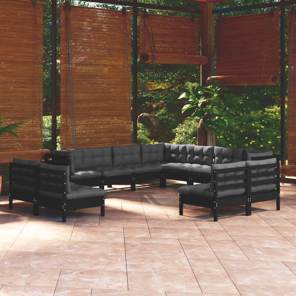 vidaXL 11 pcs conjunto lounge jardim c/ almofadões pinho maciço preto