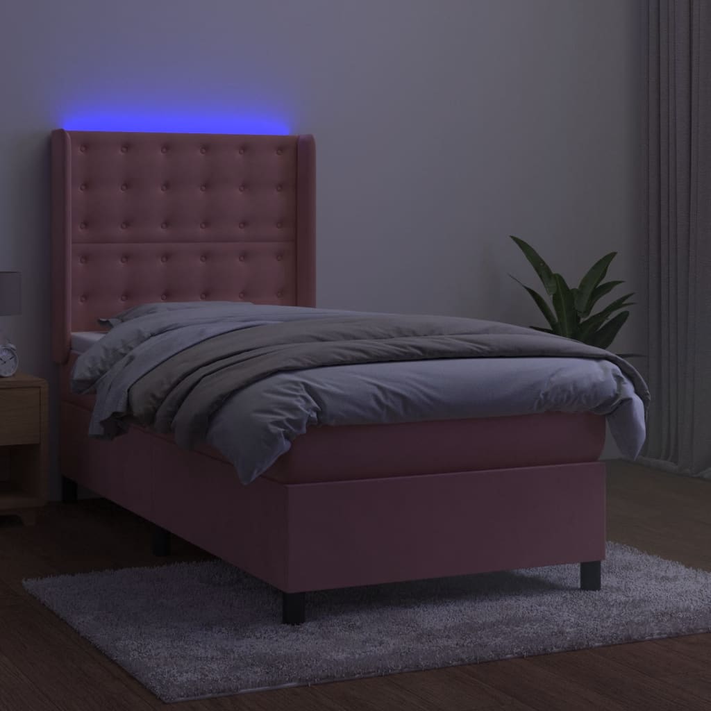 vidaXL Cama box spring c/ colchão/LED 100x200 cm veludo rosa