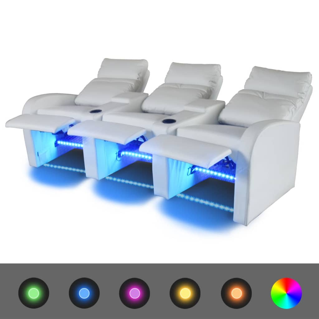 vidaXL Poltrona reclinável LED 3 lugares, couro artificial, branco