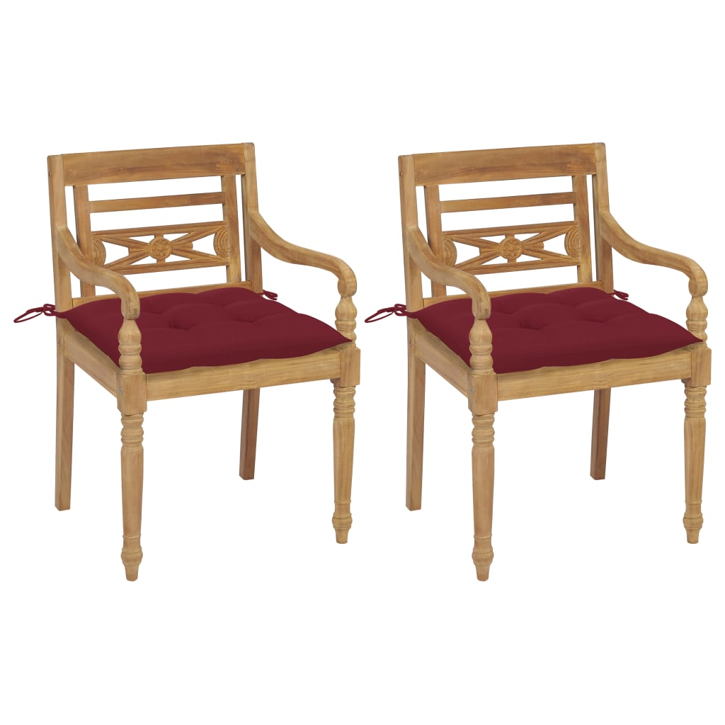 vidaXL Cadeiras Batávia c/ almofadões vermelho tinto 2 pcs teca maciça