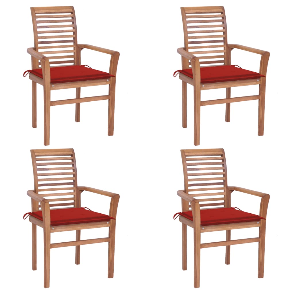 vidaXL Cadeiras de jantar 4 pcs c/ almofadões vermelhos teca maciça