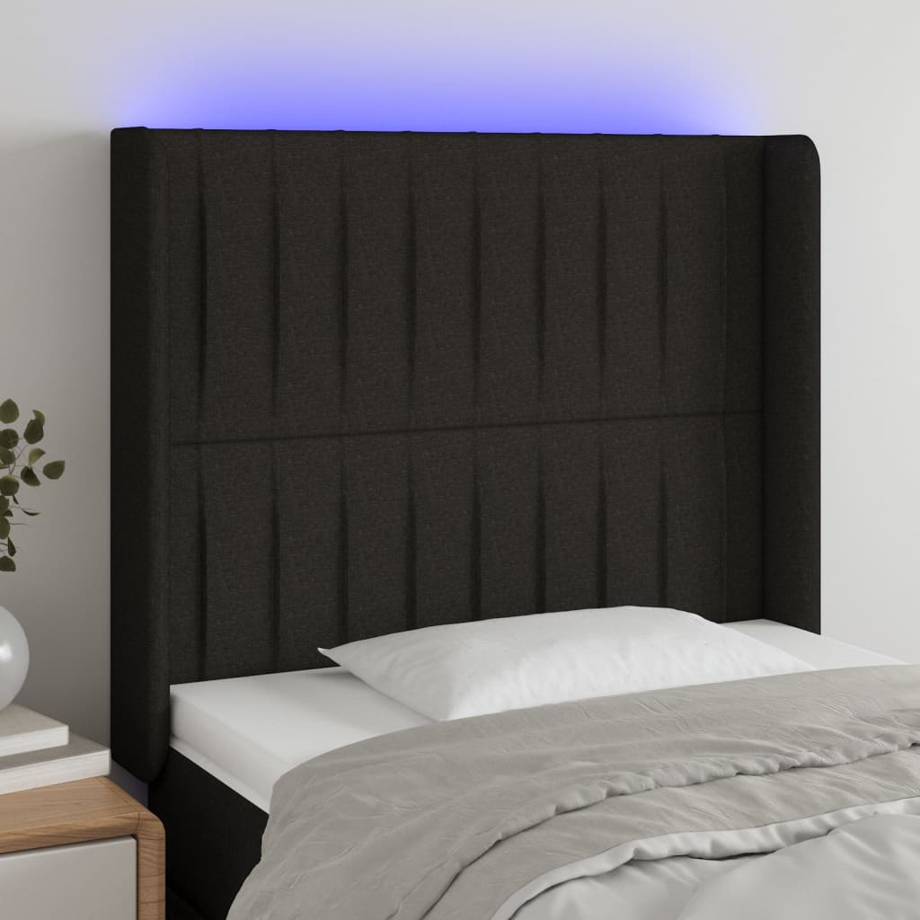 vidaXL Cabeceira de cama c/ luzes LED tecido 83x16x118/128 cm preto