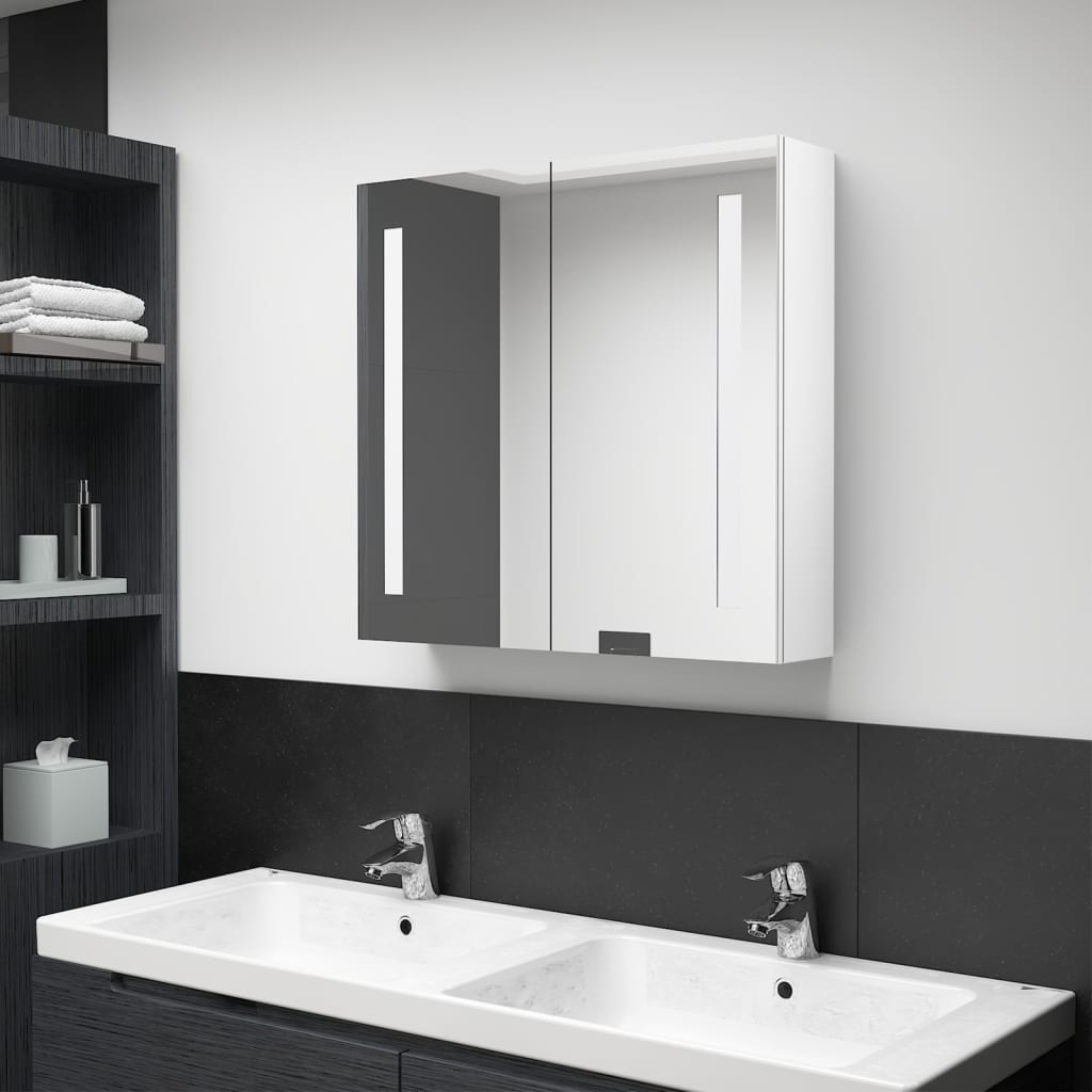 vidaXL Armário espelhado casa de banho LED 62x14x60cm branco brilhante