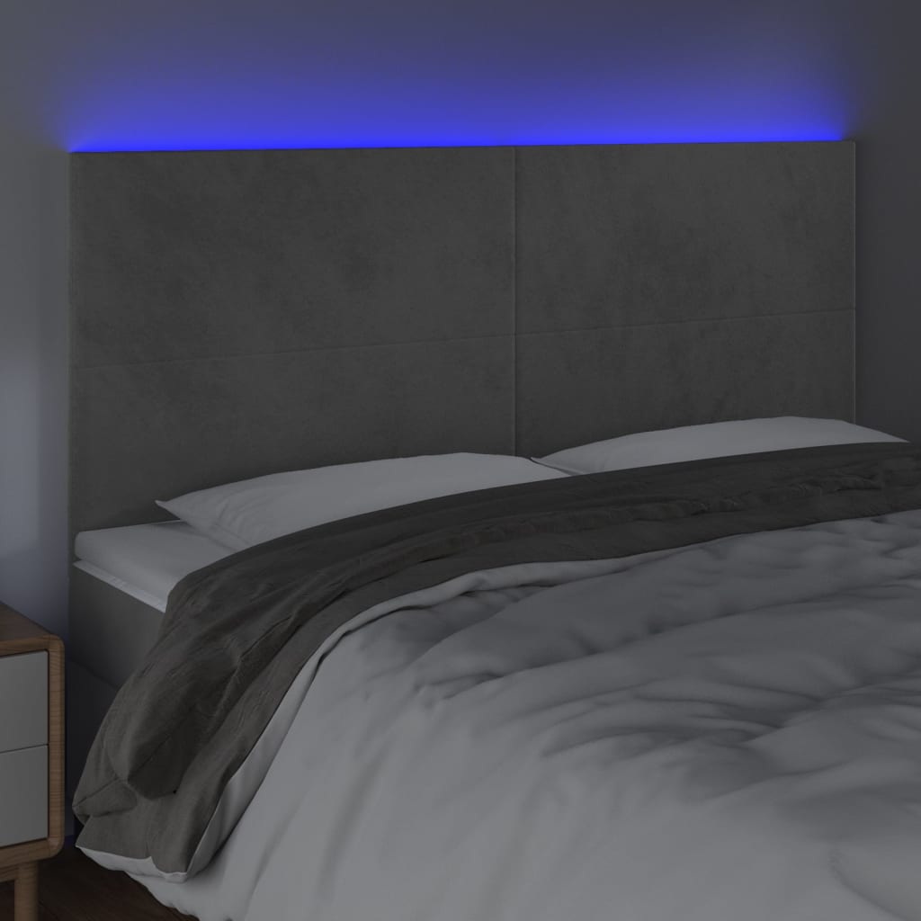 vidaXL Cabeceira cama c/ luzes LED veludo 200x5x118/128cm cinza-claro