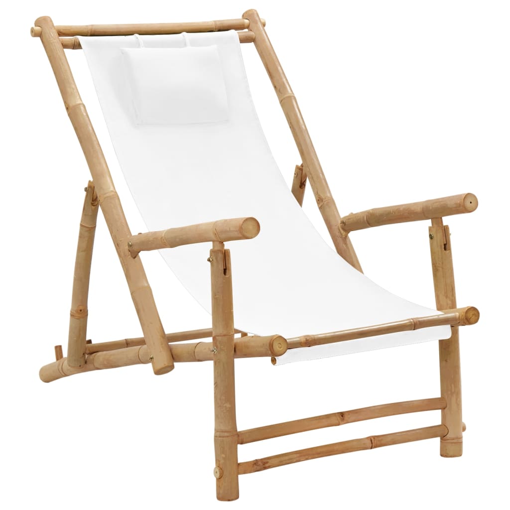 vidaXL Cadeira de terraço em bambu e lona branco nata