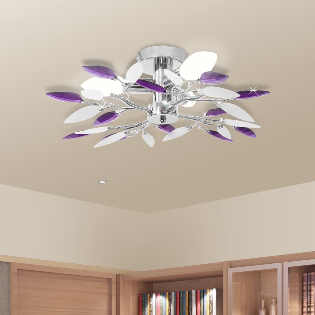 Lâmpada teto com folhas de acrílico e cristal branco & lilás, 3 E14