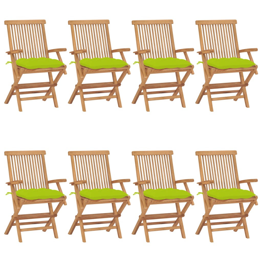 vidaXL Cadeiras jardim c/ almofadões verde brilhante 8 pcs teca maciça