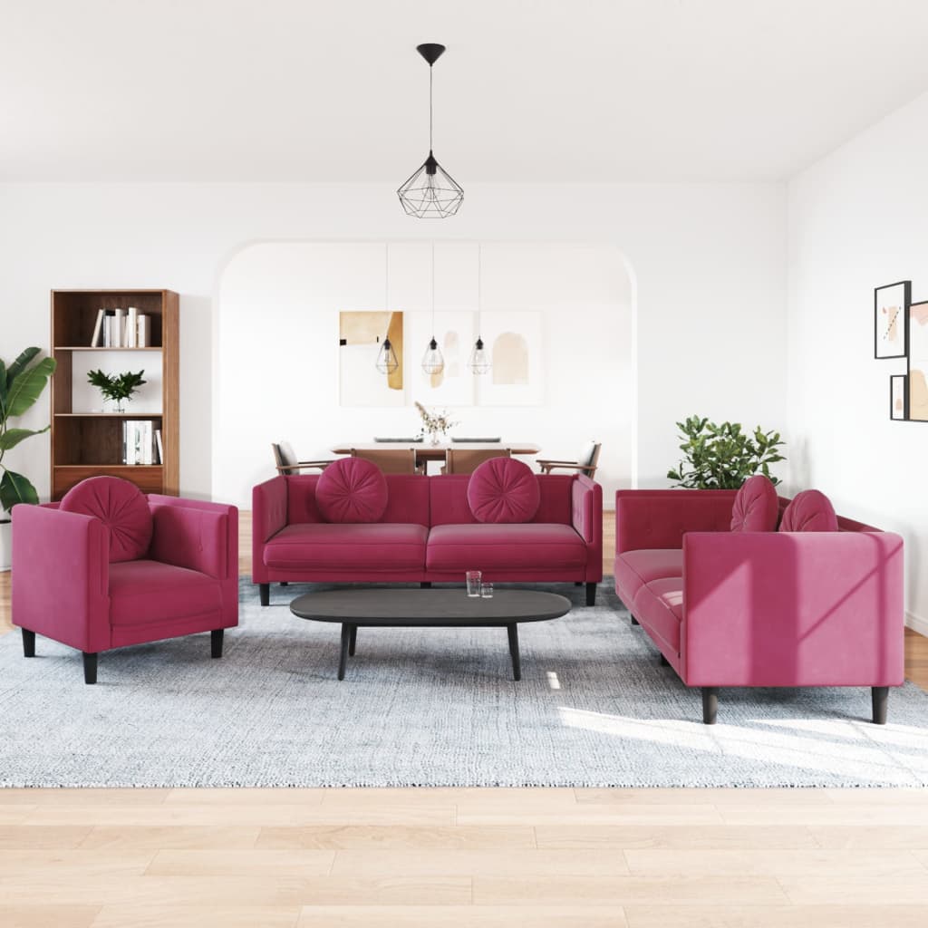 vidaXL 3 pcs conjunto de sofás com almofadas veludo vermelho-tinto