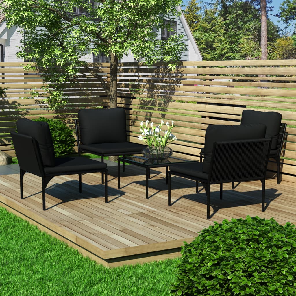 vidaXL 5 pcs conjunto lounge de jardim c/ almofadões PVC preto