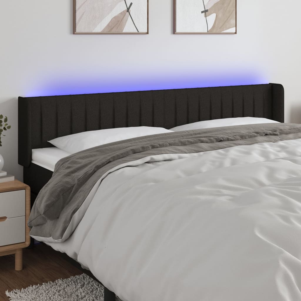 vidaXL Cabeceira de cama c/ luzes LED tecido 203x16x78/88 cm preto
