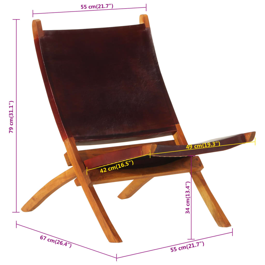 vidaXL Cadeira de descanso dobrável couro genuíno castanho-escuro