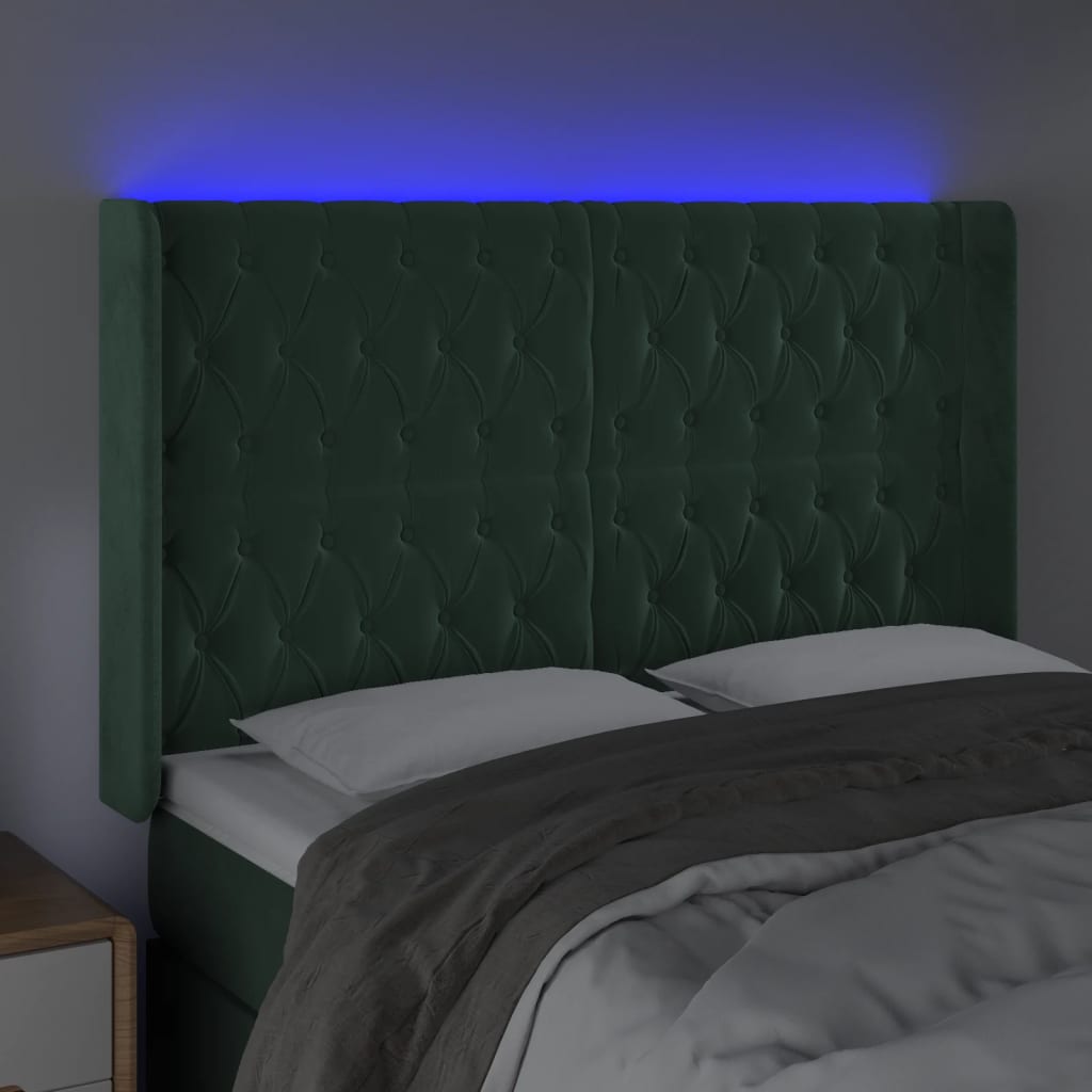 vidaXL Cabeceira de cama c/ LED veludo 163x16x118/128 cm verde-escuro