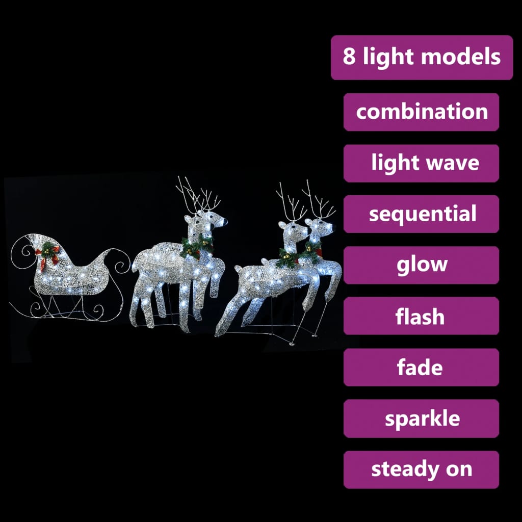 vidaXL Decoração de Natal renas/trenó exterior 100 luzes LED prateado