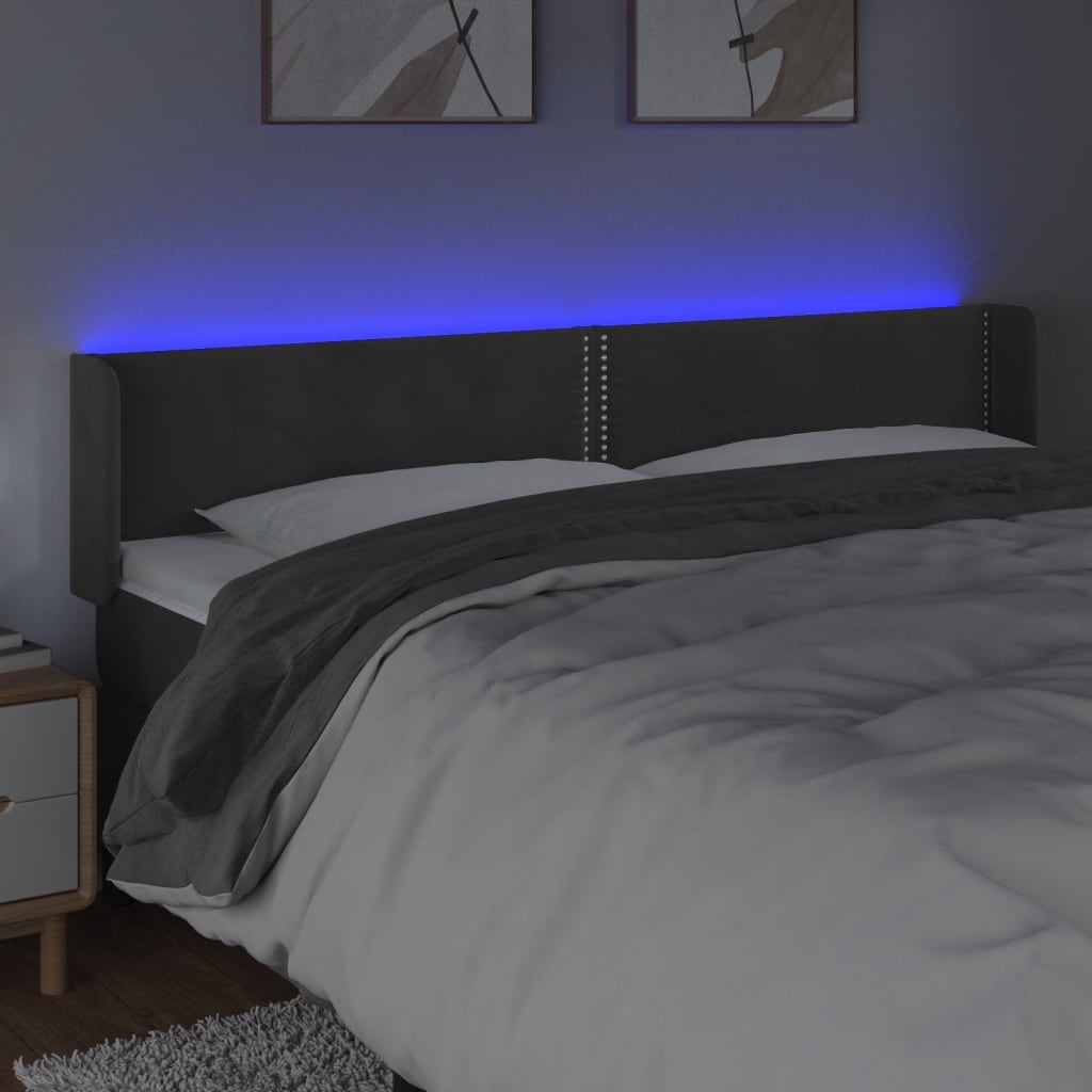 vidaXL Cabeceira cama c/ luzes LED veludo 163x16x78/88cm cinza-escuro