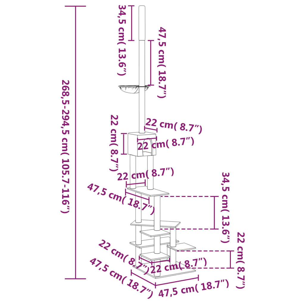 vidaXL Árvore p/ gatos altura ajustável chão-teto 268,5-294,5 cm creme
