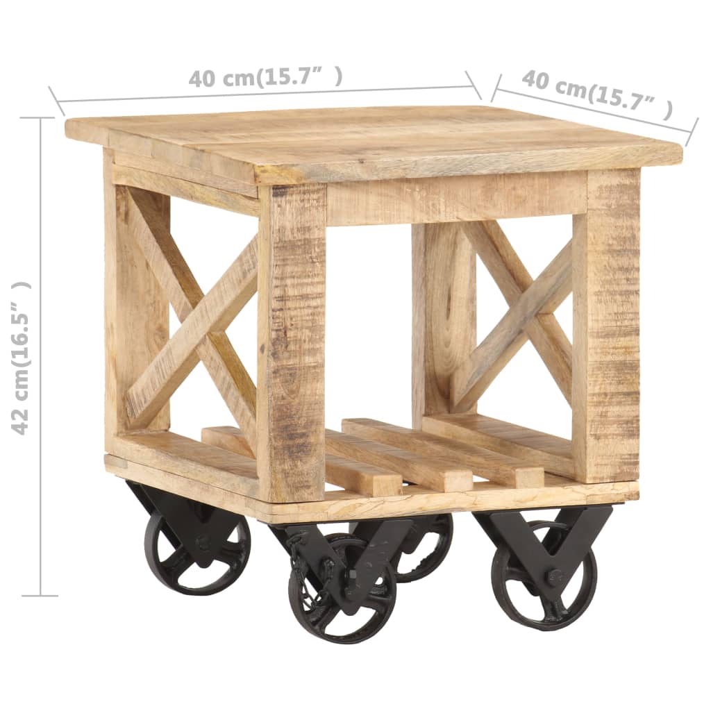 vidaXL Mesa de apoio c/ rodas 40x40x42 cm madeira de mangueira áspera