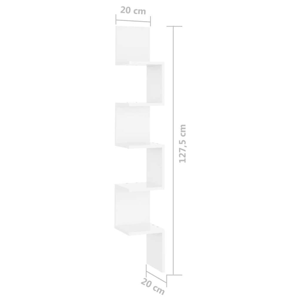 vidaXL Estante de canto parede 20x20x127,5cm contrap. branco brilhante