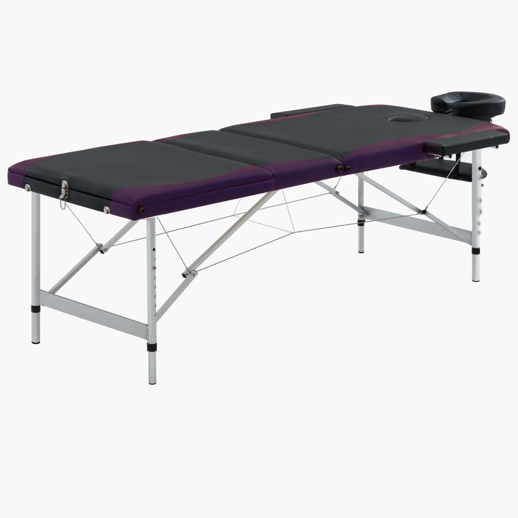 vidaXL Mesa de massagem dobrável 3 zonas alumínio preto e roxo