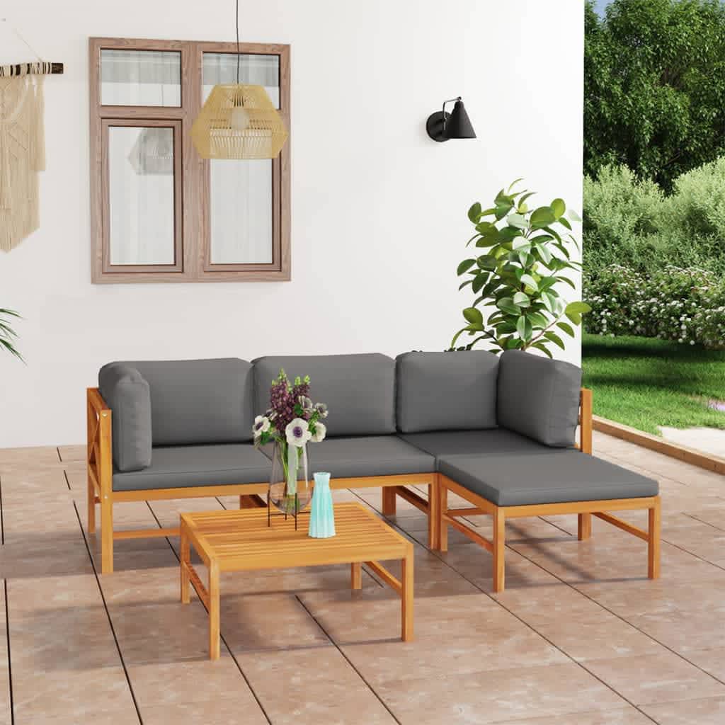 vidaXL 5 pcs conj. lounge de jardim + almofadões cinzentos teca maciça