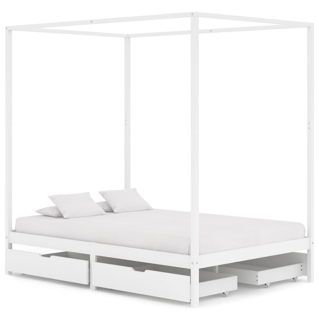 vidaXL Estrutura cama dossel 4 gavetas 140x200cm pinho maciço branco