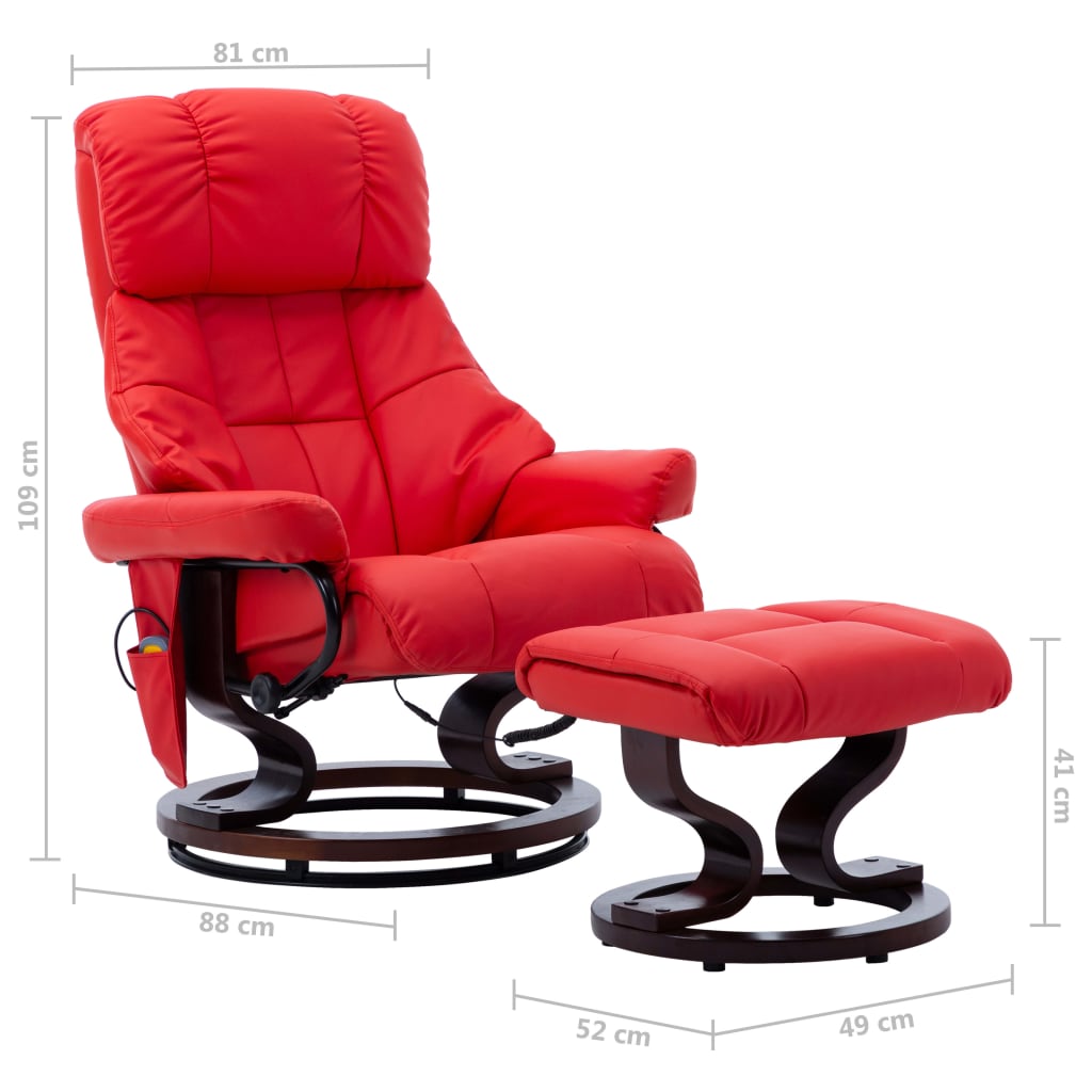 vidaXL Poltrona reclin. massagens couro artif./madeira curva vermelho