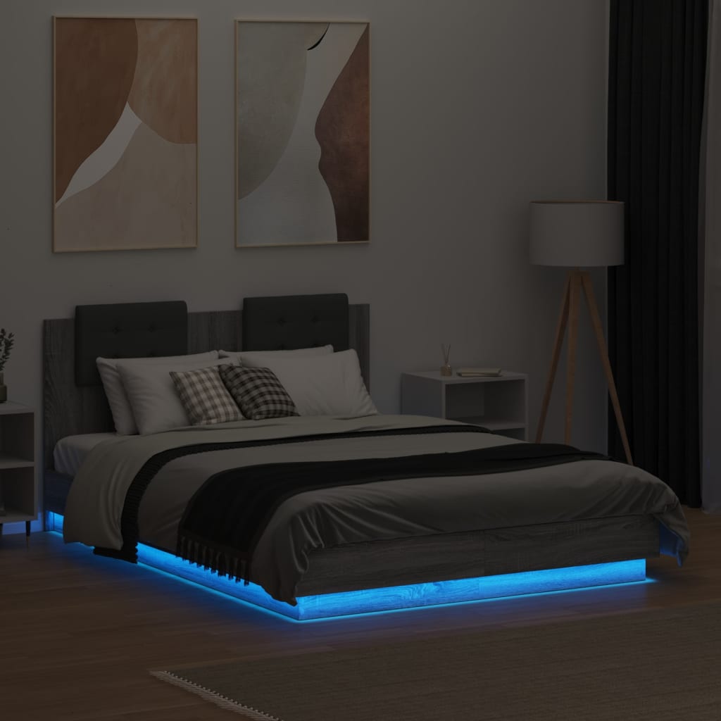 vidaXL Estrutura cama c/ cabeceira/luzes LED 135x190cm cinzento sonoma